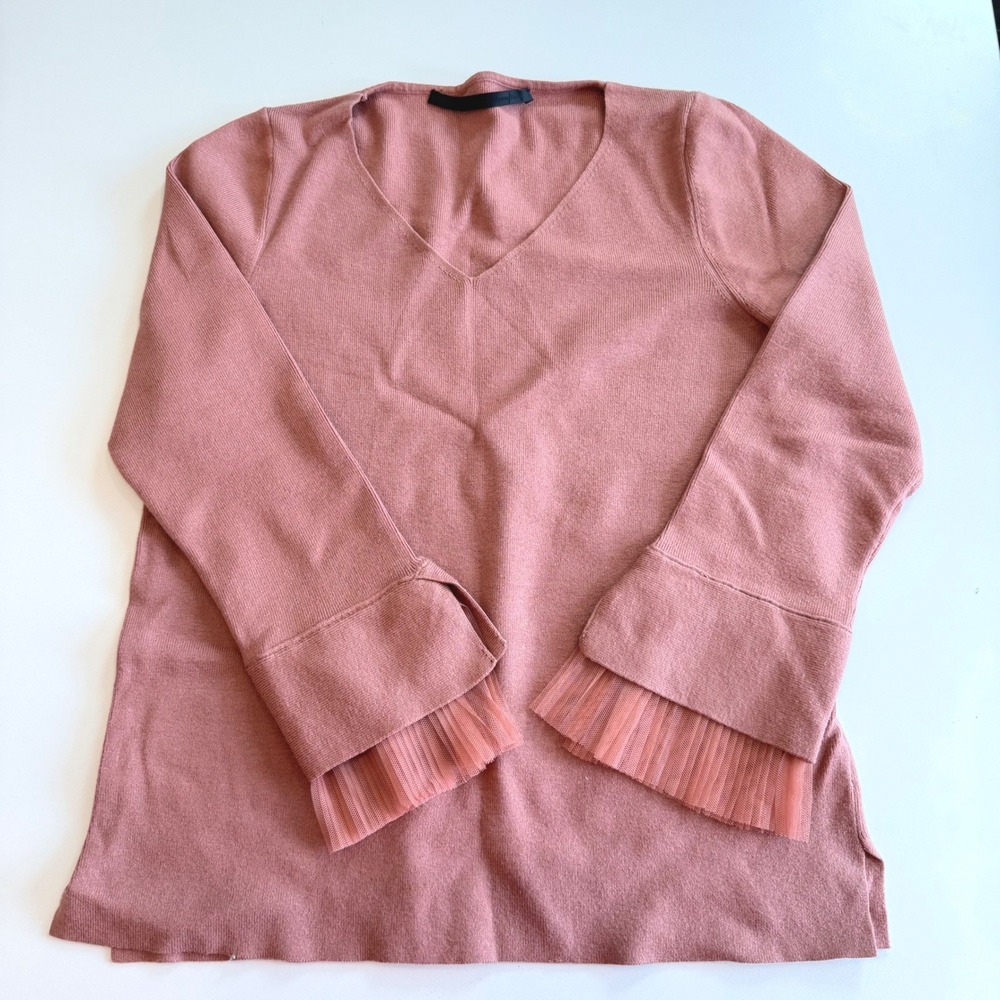 Giordano Ladies Dusty Rose V-Neck Sweater Tulle Pleated Bell Sleeve Size 2